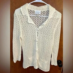 Christopher & Banks women’s cream hand crochet sweater cardigan